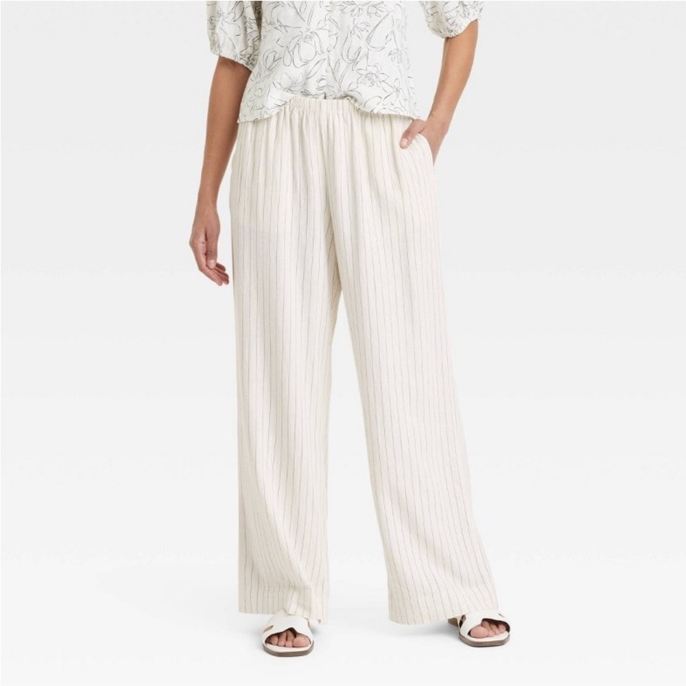 Mid-Rise Wide Leg Linen Pull-On Pants - A New Day™ White Stripe new 🆕